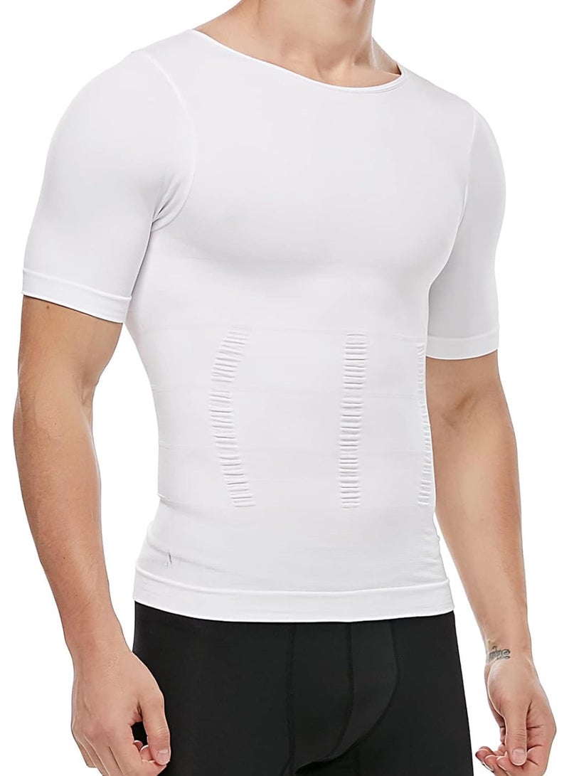 Zikra Men's Compression Shirt, Slimming Body Shaper Undershirt, Slimming baselayer T-Shirt, Workout Vest, Abs Abdomen Slim Body Shaper, T-Shirt Workout, XL, White - Image 1