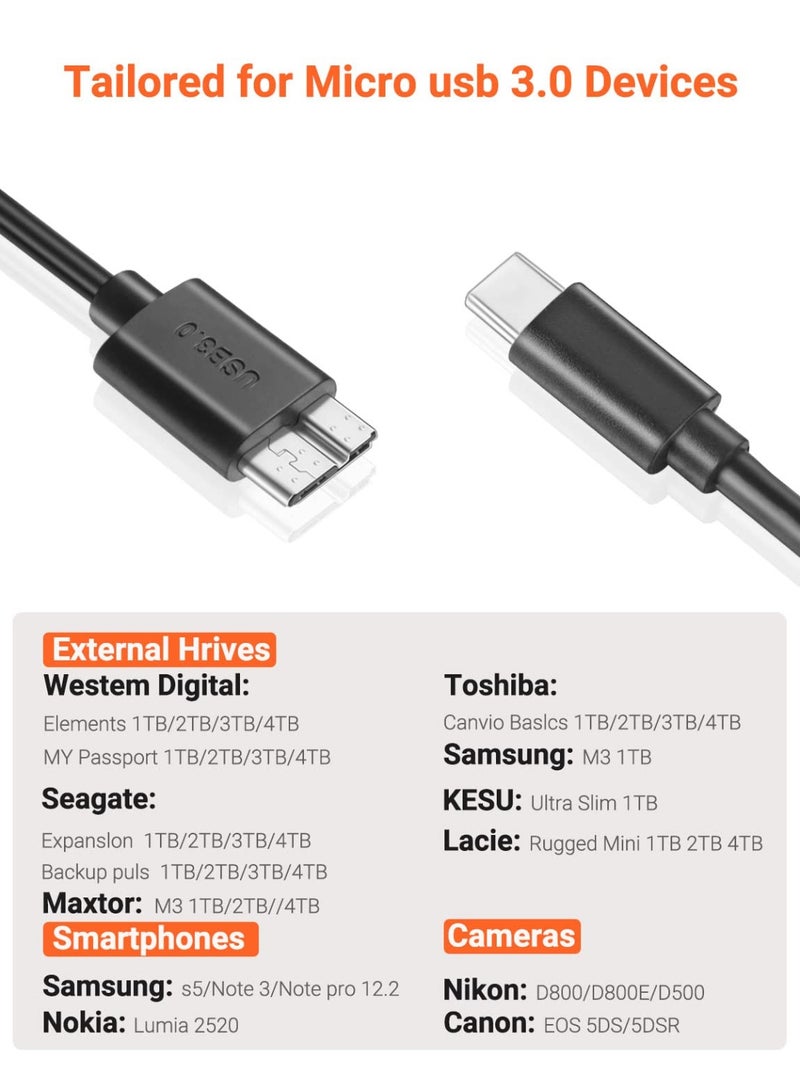Micro USB 3.0 Cable USB 3.0 A Male to Micro B Cable Nylon Braided External Hard Drive Cable Compatible for Samsung Galaxy S5, Note 3, WD Camera, Hard Drive and More Black - Image 3