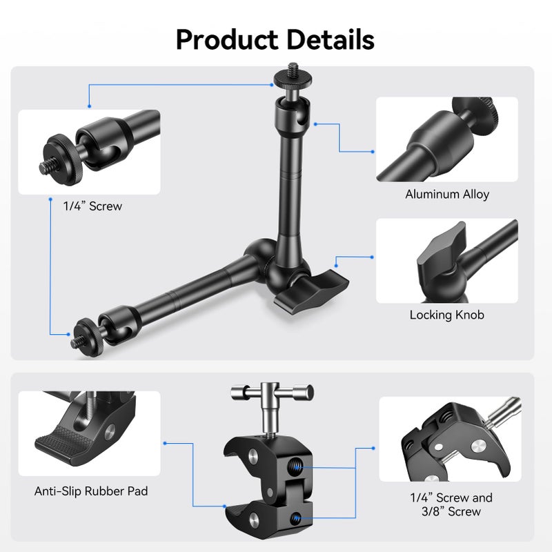 EMART 10inch Articulating Magic Arm Camera Mount with Super Clamp, Friction Power Adjustable Camera Mounts & Clamps with Magicarm and Cold Shoe for Photography/Videography/Webcam/Flash Light - Image 5