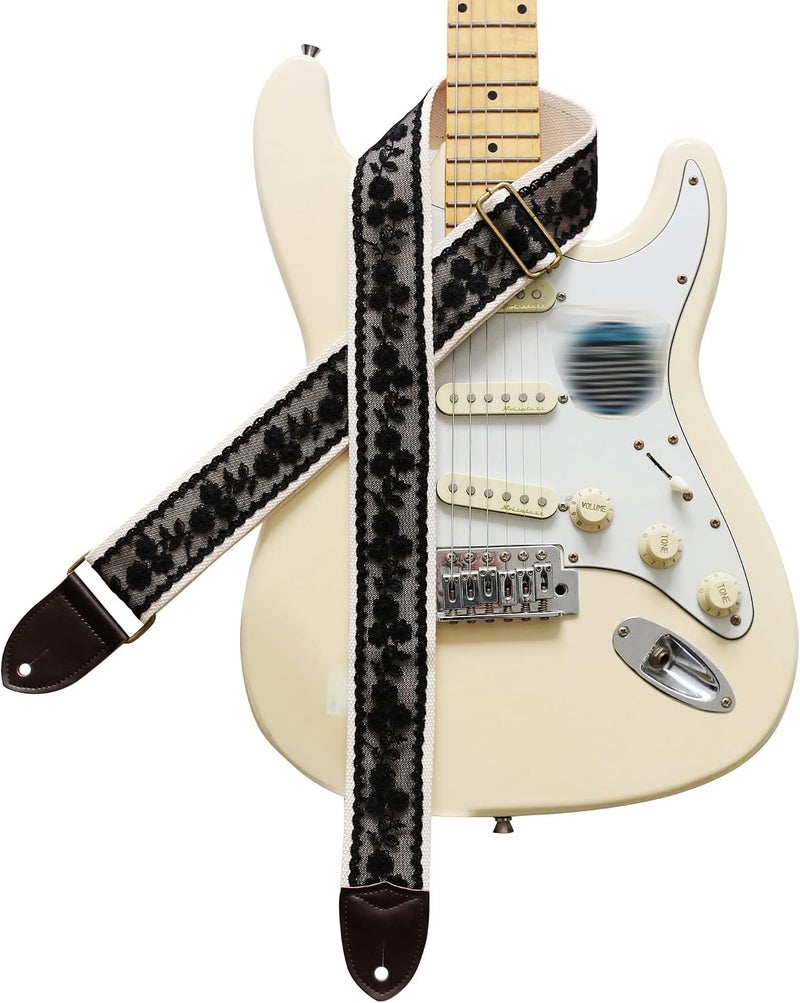 MUSIC FIRST Vintage Black Lace Electric Guitar Strap - 2 Inch Width, Adjustable Length - Image 1