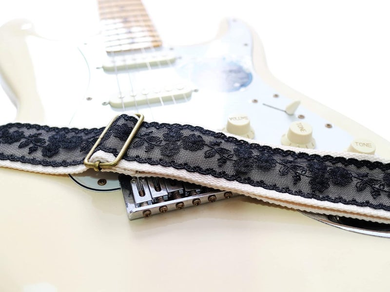 MUSIC FIRST Vintage Black Lace Electric Guitar Strap - 2 Inch Width, Adjustable Length - Image 4