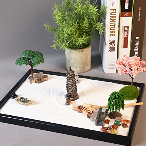 Yoquare 14" x 10" Large Japanese Zen Garden Kit for Desk – Includes 25+ Accessories: Sand Tray, Rake, Trees, Incense Burner, Bridge, Well, Door – Calming Decor Gift for Women, Mindfulness & Stress Relief - Image 5