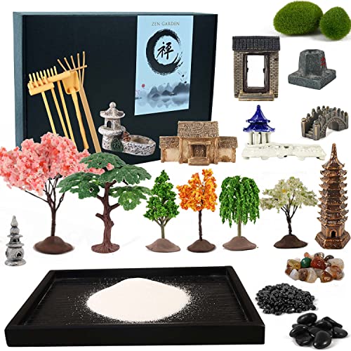 Yoquare 14" x 10" Large Japanese Zen Garden Kit for Desk – Includes 25+ Accessories: Sand Tray, Rake, Trees, Incense Burner, Bridge, Well, Door – Calming Decor Gift for Women, Mindfulness & Stress Relief - Image 2