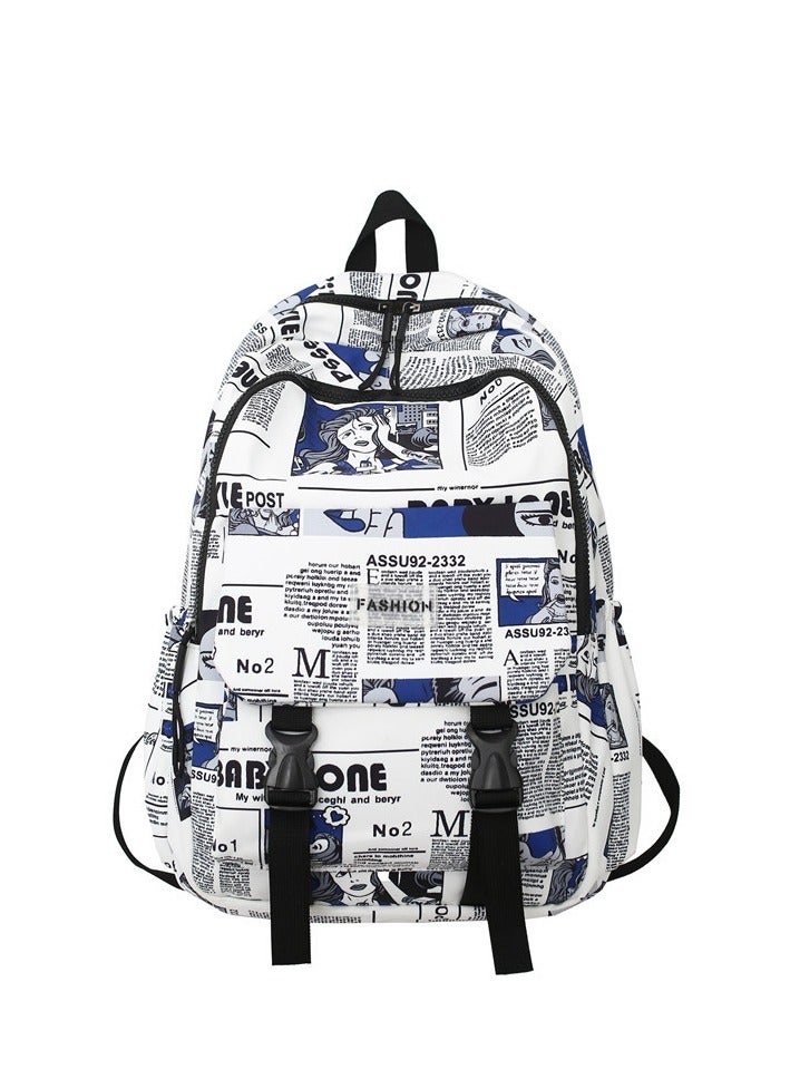 Premium Graffiti Style Water Resistant Multi-Compartment Nylon Backpack White/Blue