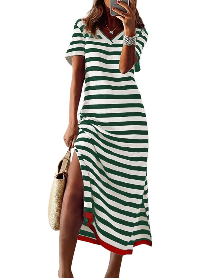 Dokotoo Women's Summer Dresses Short Sleeve V Neck Cute Striped Split Maxi Dress Beach Vacation Cruise Outfits 2026 Loose Fit Spring Rendy Casual Resort Wear Boho Dress Fashion Clothing Green - Image 1