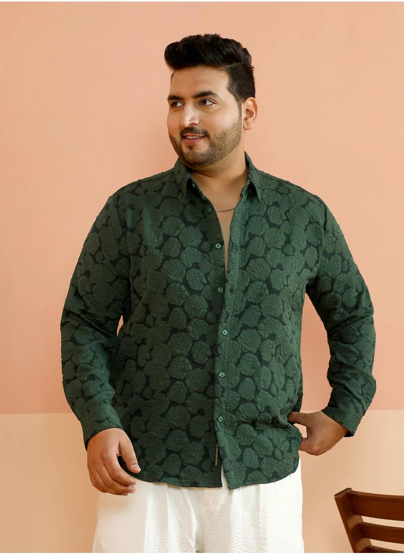 انستافاب بلس Instafab Plus Men's Emerald Green Rose-Tactile Shirt For Casual Wear | Spread Collar | Long Cuffed Sleeves | Button Closure | Plus Size Shirt Crafted With Comfort Fit For Everyday Wear