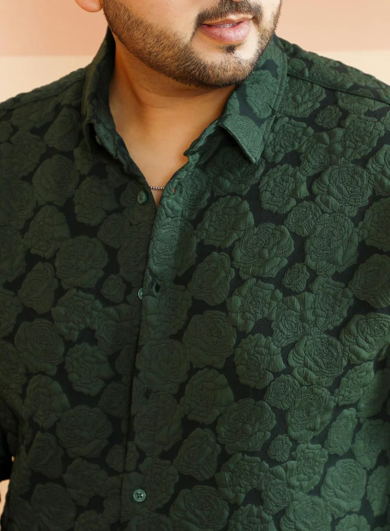 Instafab Plus Instafab Plus Men's Emerald Green Rose-Tactile Shirt For Casual Wear | Spread Collar | Long Cuffed Sleeves | Button Closure | Plus Size Shirt Crafted With Comfort Fit For Everyday Wear