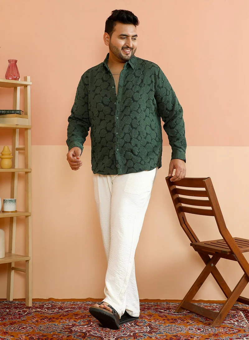 Instafab Plus Instafab Plus Men's Emerald Green Rose-Tactile Shirt For Casual Wear | Spread Collar | Long Cuffed Sleeves | Button Closure | Plus Size Shirt Crafted With Comfort Fit For Everyday Wear