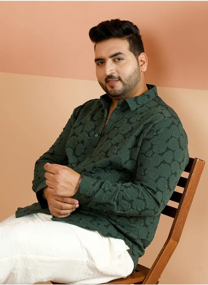انستافاب بلس Instafab Plus Men's Emerald Green Rose-Tactile Shirt For Casual Wear | Spread Collar | Long Cuffed Sleeves | Button Closure | Plus Size Shirt Crafted With Comfort Fit For Everyday Wear