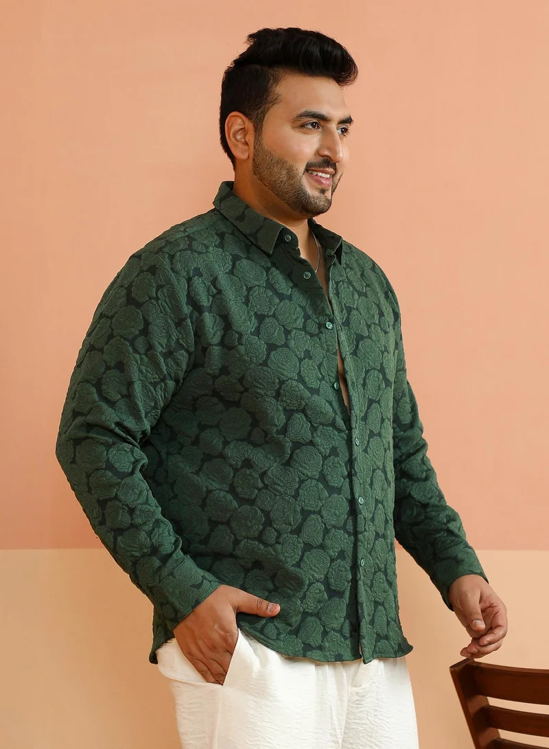 Instafab Plus Instafab Plus Men's Emerald Green Rose-Tactile Shirt For Casual Wear | Spread Collar | Long Cuffed Sleeves | Button Closure | Plus Size Shirt Crafted With Comfort Fit For Everyday Wear