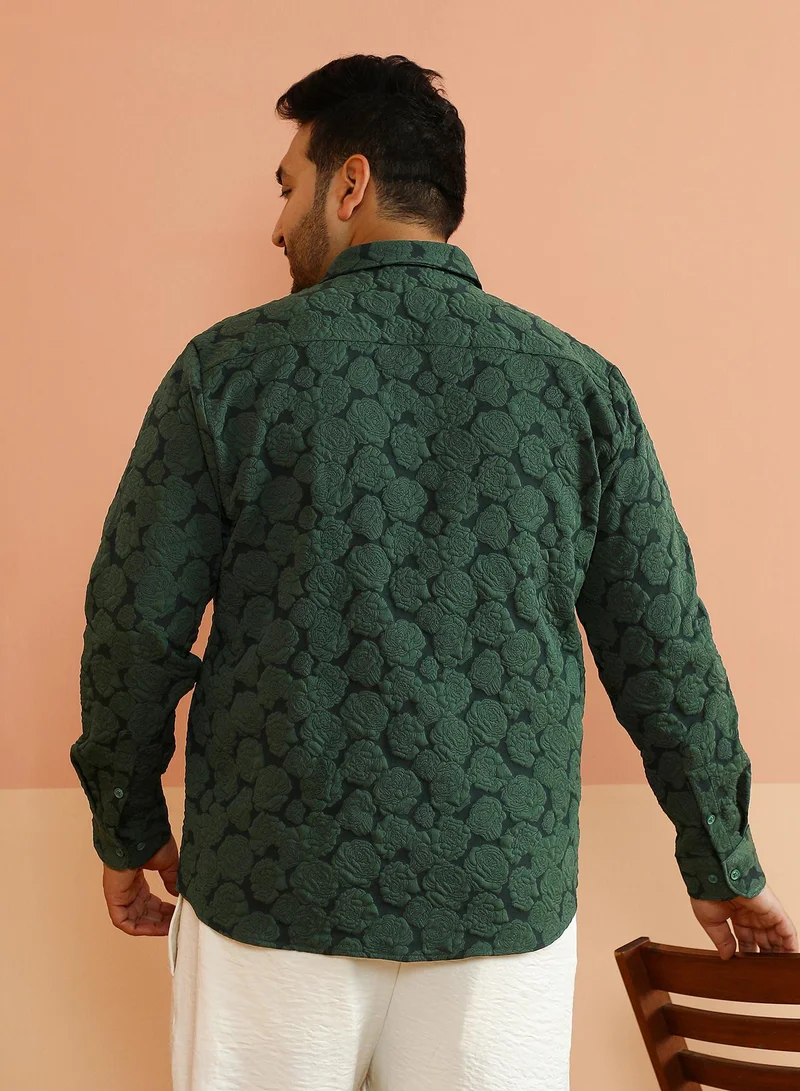 Instafab Plus Instafab Plus Men's Emerald Green Rose-Tactile Shirt For Casual Wear | Spread Collar | Long Cuffed Sleeves | Button Closure | Plus Size Shirt Crafted With Comfort Fit For Everyday Wear