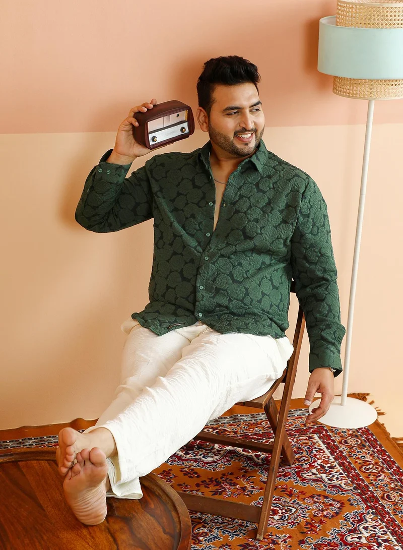 Instafab Plus Instafab Plus Men's Emerald Green Rose-Tactile Shirt For Casual Wear | Spread Collar | Long Cuffed Sleeves | Button Closure | Plus Size Shirt Crafted With Comfort Fit For Everyday Wear