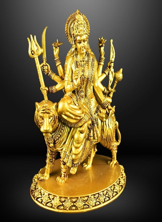 NEEANN Durga Devi MATA Rani Sherawali MATA Idol - 6-Inch Polystone Statue with Brass & Antique Silver Finish Warrior Pose on Tiger Vastu Decorative Murti Home, Office & Puja Room (Brass Colour) - Image 1