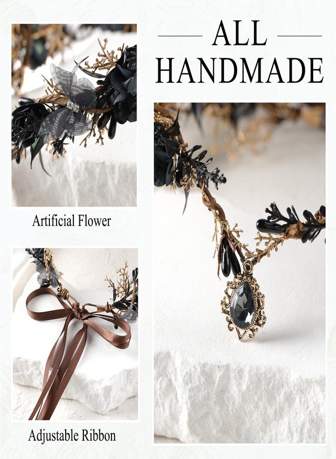 MOSTORY Black Flower Elf Crown - Gothic Floral Headpiece with Butterflies for Dark Fairy Costume Women, Elven Circlet for Renaissance Witch Accessories Goth Wedding Cosplay - Image 5