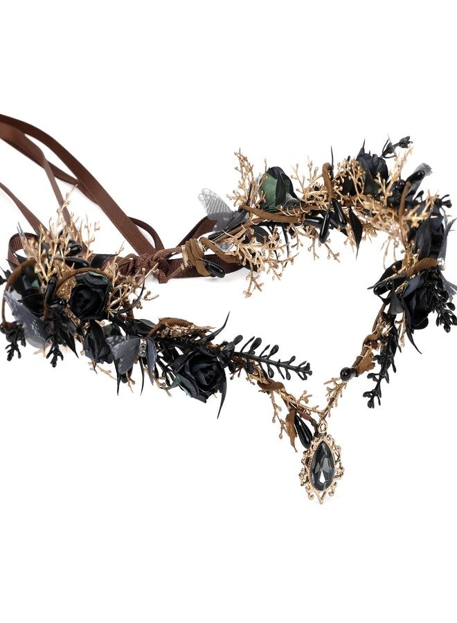 MOSTORY Black Flower Elf Crown - Gothic Floral Headpiece with Butterflies for Dark Fairy Costume Women, Elven Circlet for Renaissance Witch Accessories Goth Wedding Cosplay - Image 1
