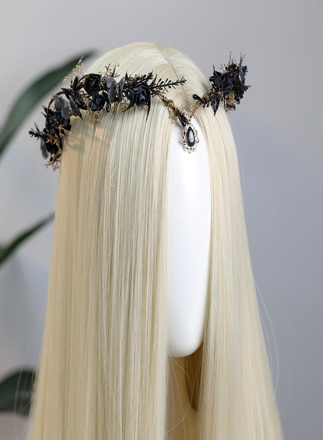 MOSTORY Black Flower Elf Crown - Gothic Floral Headpiece with Butterflies for Dark Fairy Costume Women, Elven Circlet for Renaissance Witch Accessories Goth Wedding Cosplay - Image 3