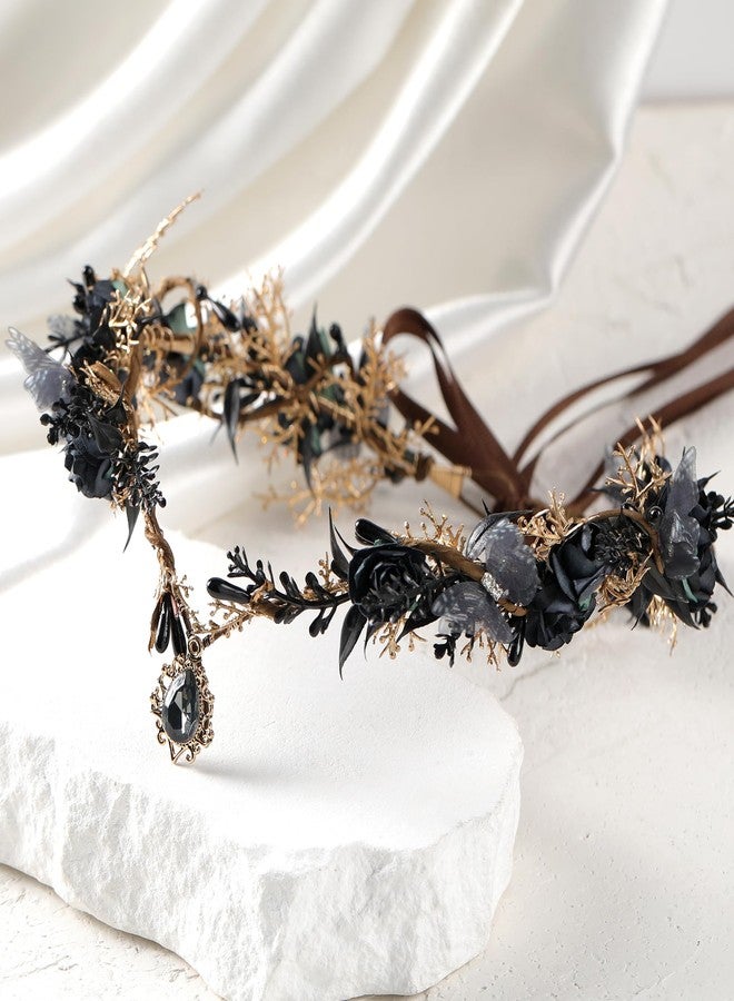 MOSTORY Black Flower Elf Crown - Gothic Floral Headpiece with Butterflies for Dark Fairy Costume Women, Elven Circlet for Renaissance Witch Accessories Goth Wedding Cosplay - Image 4