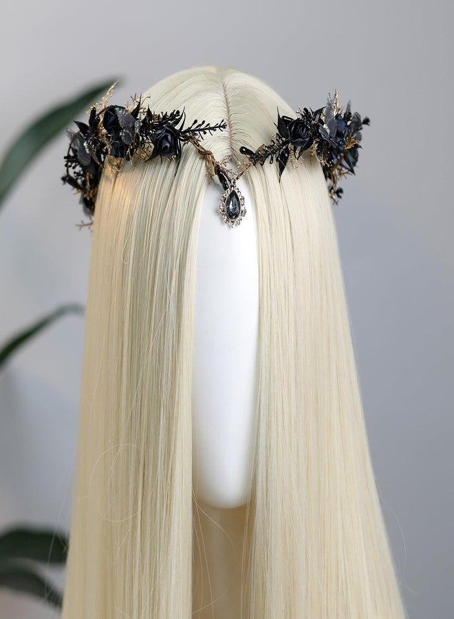 MOSTORY Black Flower Elf Crown - Gothic Floral Headpiece with Butterflies for Dark Fairy Costume Women, Elven Circlet for Renaissance Witch Accessories Goth Wedding Cosplay - Image 2