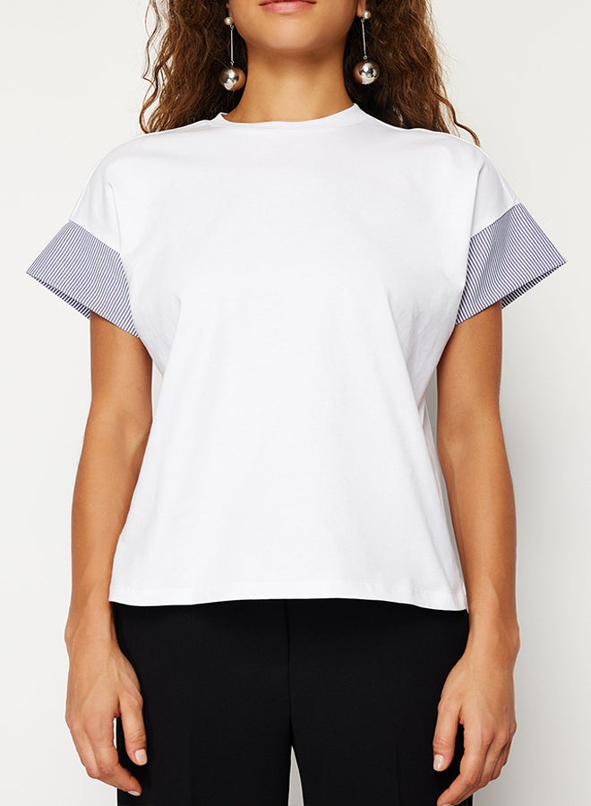 trendyol White Relaxed/Comfortable Cut Poplin Sleeve Detailed Knitted T-Shirt TWOSS24TS00007 - Image 5