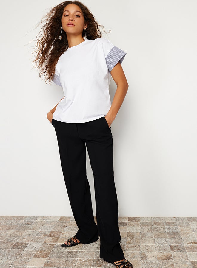 trendyol White Relaxed/Comfortable Cut Poplin Sleeve Detailed Knitted T-Shirt TWOSS24TS00007 - Image 3