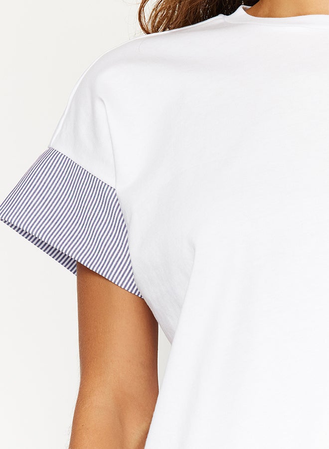 trendyol White Relaxed/Comfortable Cut Poplin Sleeve Detailed Knitted T-Shirt TWOSS24TS00007 - Image 4