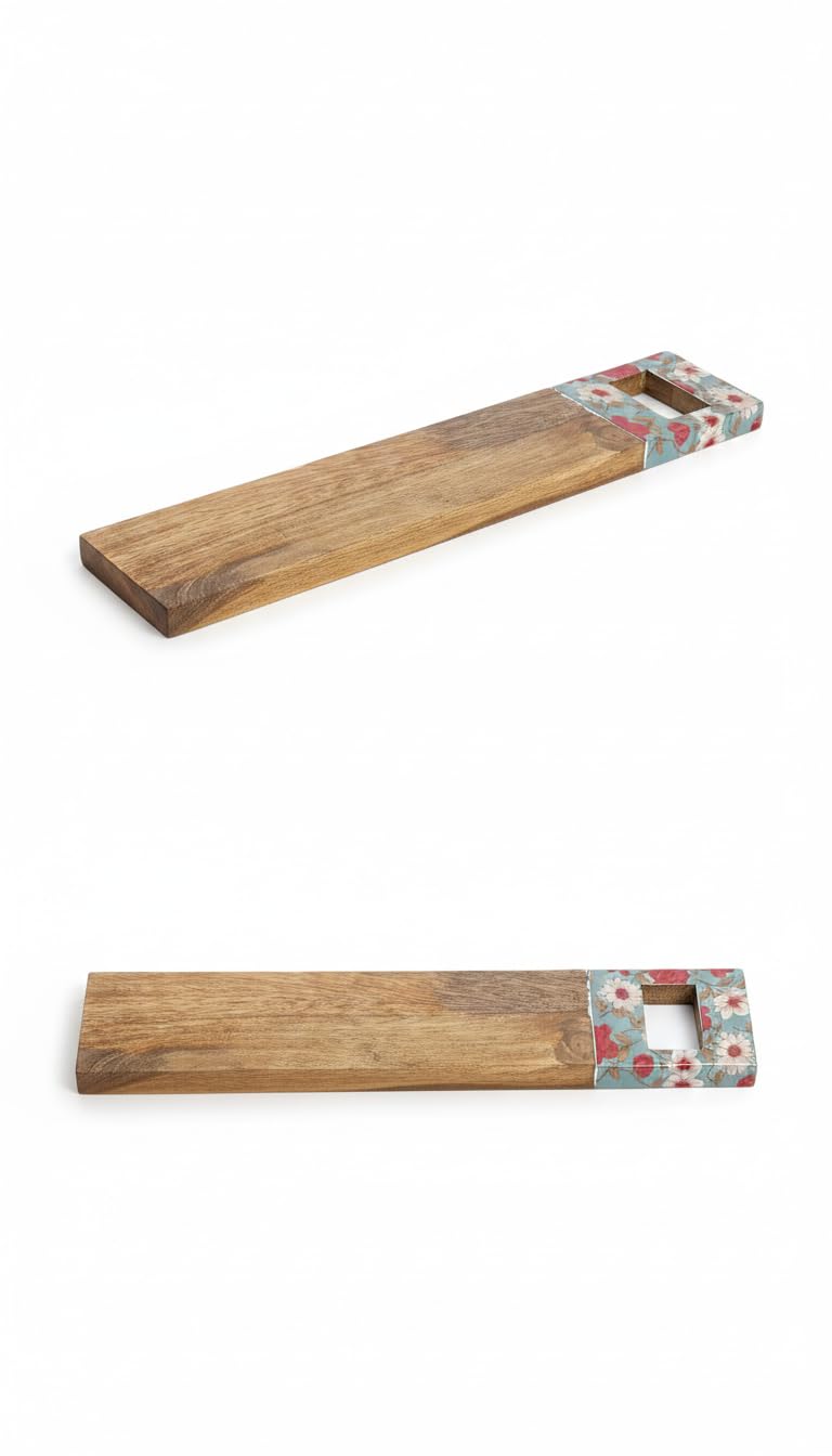 DULI 10 Inch Mango Wood Platter with Dip Bowl Bird and Floral Printed Lacquer Coated Heatproof Food Safe Snack Tray for Serving Chips Dips P - Image 4