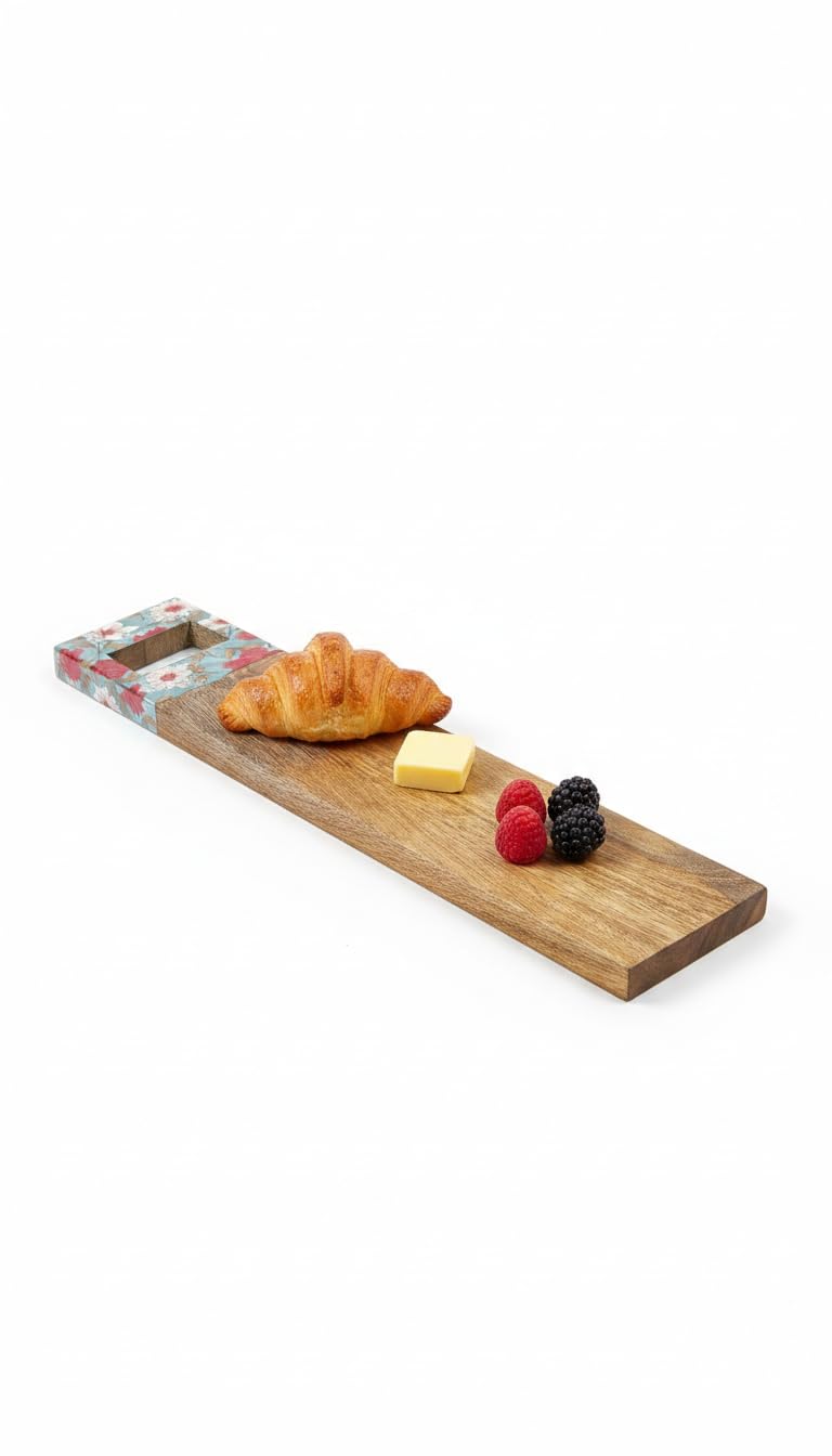 DULI 10 Inch Mango Wood Platter with Dip Bowl Bird and Floral Printed Lacquer Coated Heatproof Food Safe Snack Tray for Serving Chips Dips P - Image 2