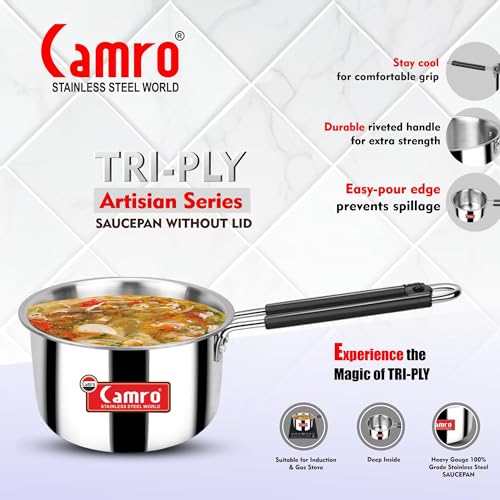 Camro Tripro Triply Artisian (10 No, 1 Liters) Tea Pan MilkPan Saucier Cooking Pot for Chai Boil Warm Herb-Spice-Infusion, Heat Resist Handle, Induction Friendly & Gas Ready 6-Year Warranty - Image 3