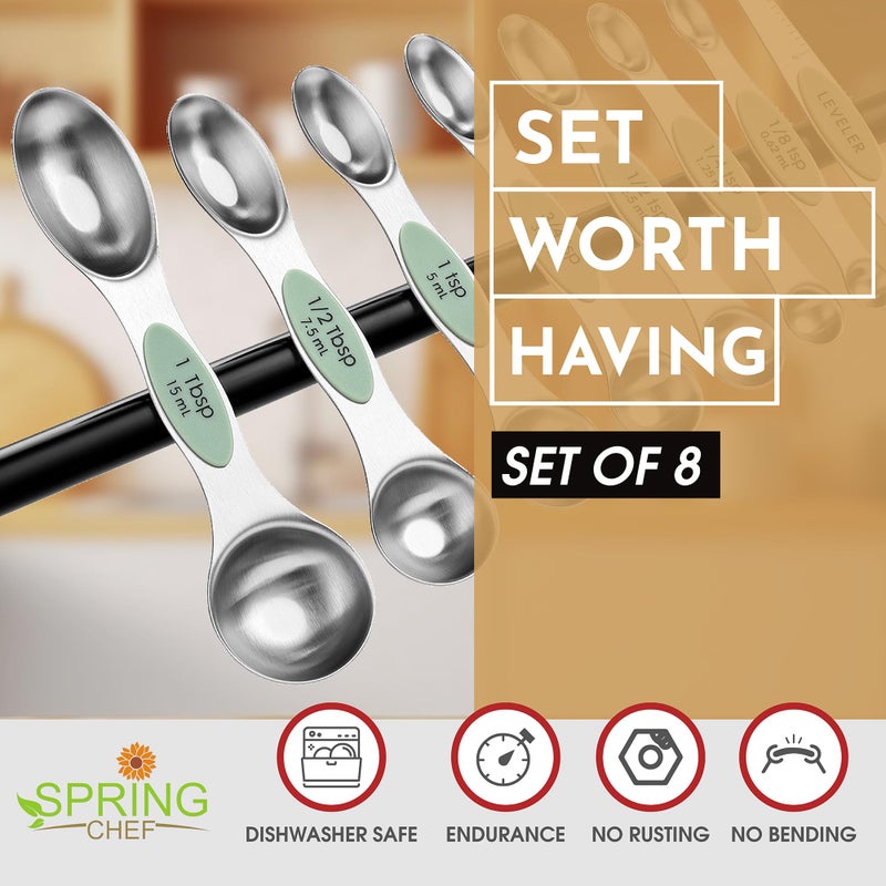 Spring Chef Stainless Steel Magnetic Measuring Spoons Set of 8 with Leveler, Dual Sided Teaspoon & Tablespoon Set, Nesting Metal Kitchen Gadgets for Baking & Cooking, Fits in Spice Jars - Pistachio - Image 2
