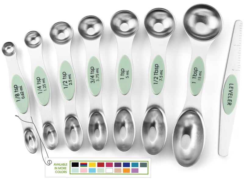 Spring Chef Stainless Steel Magnetic Measuring Spoons Set of 8 with Leveler, Dual Sided Teaspoon & Tablespoon Set, Nesting Metal Kitchen Gadgets for Baking & Cooking, Fits in Spice Jars - Pistachio - Image 1
