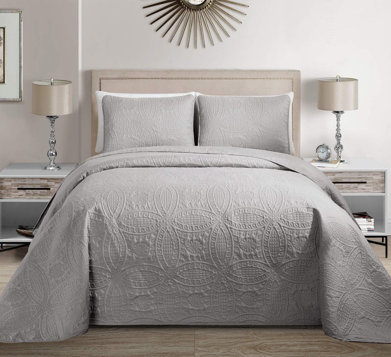 Linen Plus Collection 3 Pieces KingCalifornia King Over Size Embossed Coverlet Bedspread Set Solid Silver 118 x 106 New