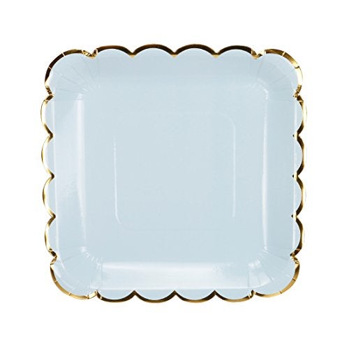 Geeklife Square Paper Plates with Sparkly Scalloped Gold Foil Border,9 inch Light Blue Decorative Party Dessert Plates Set, 20 count - Image 1
