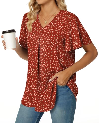 Anyally Women's Summer Dressy Chiffon Blouses Plus Size V Neck Ruffle Short Sleeve Tunic Tops for Leggings Casual T-Shirts, 3XL Polka Dots Red - Image 3
