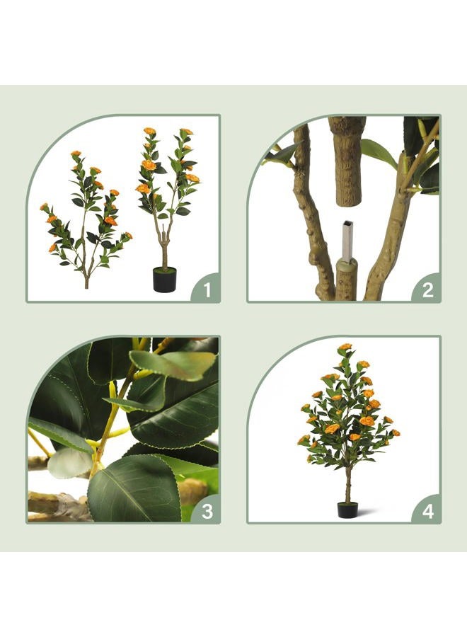 TIMBERHIDE 4FT Artificial Camellia Tree 2-Pack,Realistic Fake Potted Plants with Flowers&Planters,Indoor/Outdoor Faux Flowering Trees for Home,Office,Porch,Wedding,and Housewarming Gift Decor,Orange - Image 4