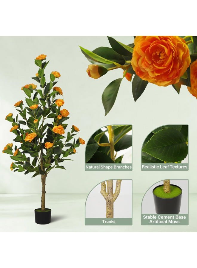 TIMBERHIDE 4FT Artificial Camellia Tree 2-Pack,Realistic Fake Potted Plants with Flowers&Planters,Indoor/Outdoor Faux Flowering Trees for Home,Office,Porch,Wedding,and Housewarming Gift Decor,Orange - Image 3