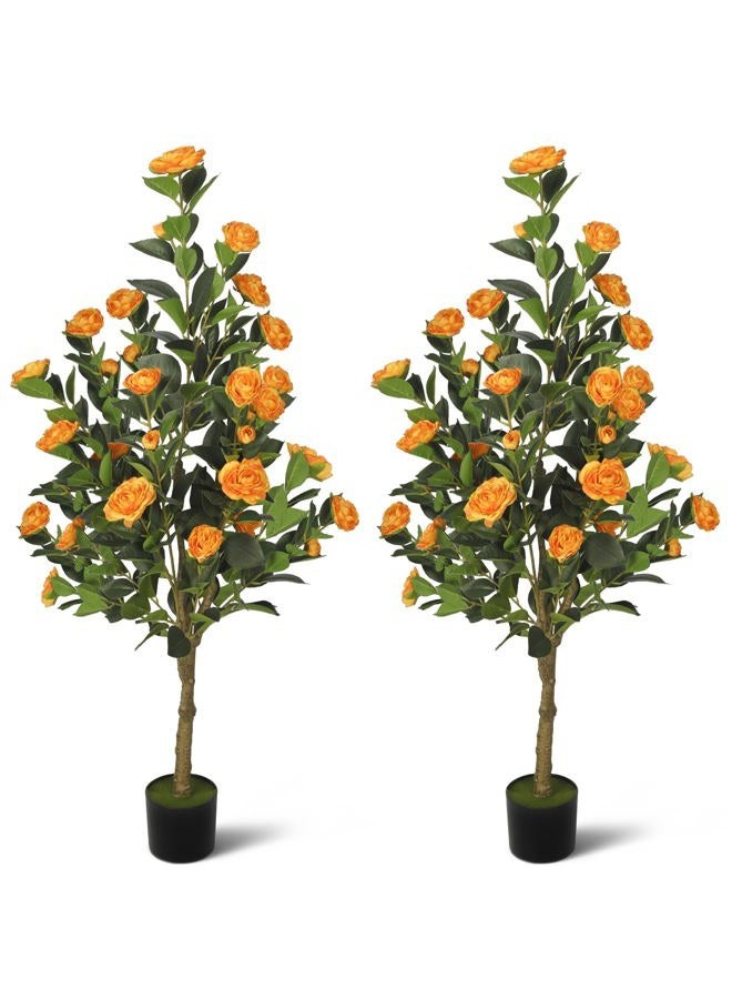 TIMBERHIDE 4FT Artificial Camellia Tree 2-Pack,Realistic Fake Potted Plants with Flowers&Planters,Indoor/Outdoor Faux Flowering Trees for Home,Office,Porch,Wedding,and Housewarming Gift Decor,Orange - Image 1