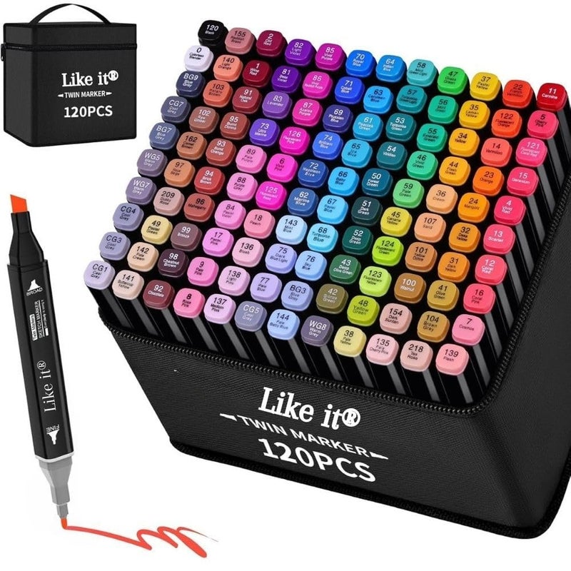 Like-It Dual Tip Colorful Art Markers Sketch Pens 120 Colors With Carrying Case For Painting Sketching Calligraphy Drawing -Twin Head Permanent Colouring Marker Pens For Kids Adult, Multicolor - Image 1