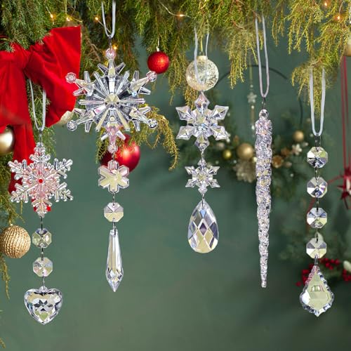 Jishi 21pcs Crystal Christmas Ornaments for Christmas Tree Decorations Hanging Crystals Acrylic Snowflake Icicle Ornaments Set wDrop Pendants for Winter Wonderland Holiday Home Decor Party Supplies - Image 3
