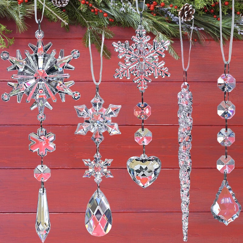 Jishi 21pcs Crystal Christmas Ornaments for Christmas Tree Decorations Hanging Crystals Acrylic Snowflake Icicle Ornaments Set wDrop Pendants for Winter Wonderland Holiday Home Decor Party Supplies - Image 2