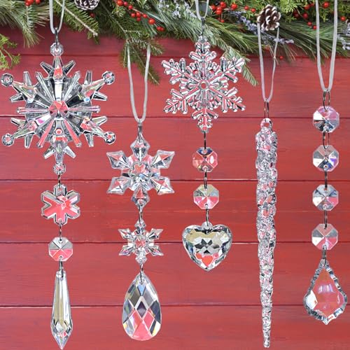 Jishi 21pcs Crystal Christmas Ornaments for Christmas Tree Decorations Hanging Crystals Acrylic Snowflake Icicle Ornaments Set wDrop Pendants for Winter Wonderland Holiday Home Decor Party Supplies - Image 1