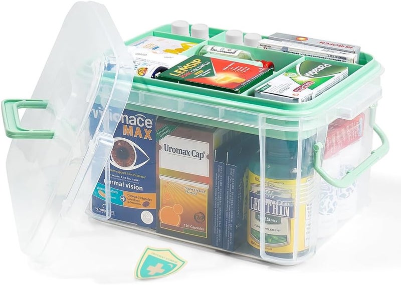 HEY FOLY 15qt Clear Medicine Organizer Storage Box with Tray, Plastic First Aid Box Empty, Thickened Medicine Container Chest, Multipurpose Medical Case with Labels, Medicine Caddy with Lids Handles - Image 1