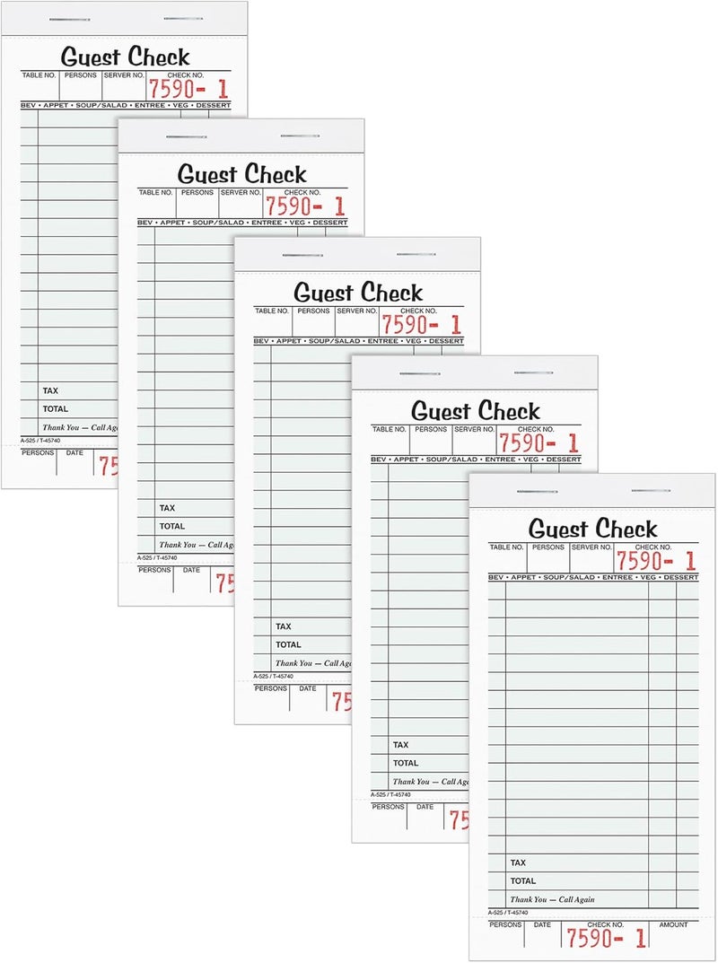 Adams Guest Check Pads - Single Part, Perforated, White, 3-2/5" x 6-3/4", 50 Sheets/Pad, 5 Pads/Pack - Image 1
