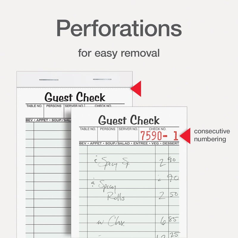 Adams Guest Check Pads - Single Part, Perforated, White, 3-2/5" x 6-3/4", 50 Sheets/Pad, 5 Pads/Pack - Image 3
