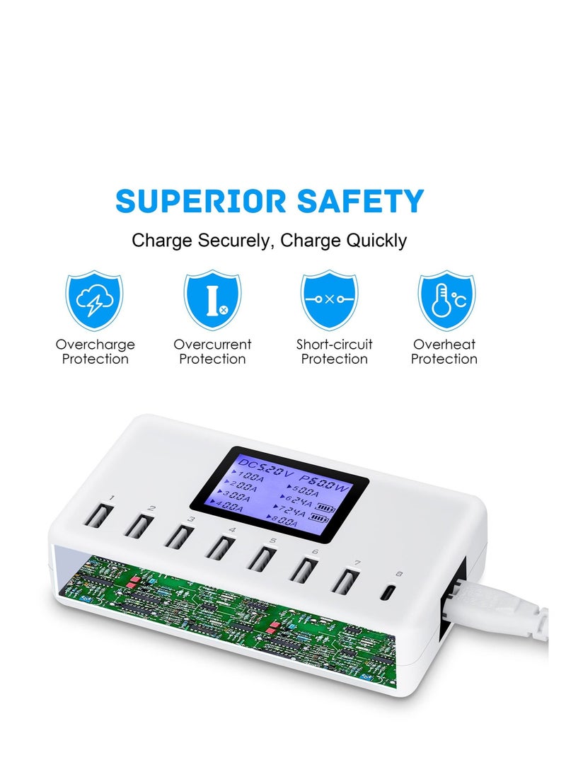 USB Charger: 8-Port Charging Station with Compact LCD Display - 60W, 12A - Compatible with iPhone, iPad, Samsung, Kindle Tablet, Bluetooth Headset, and More  - Image 2