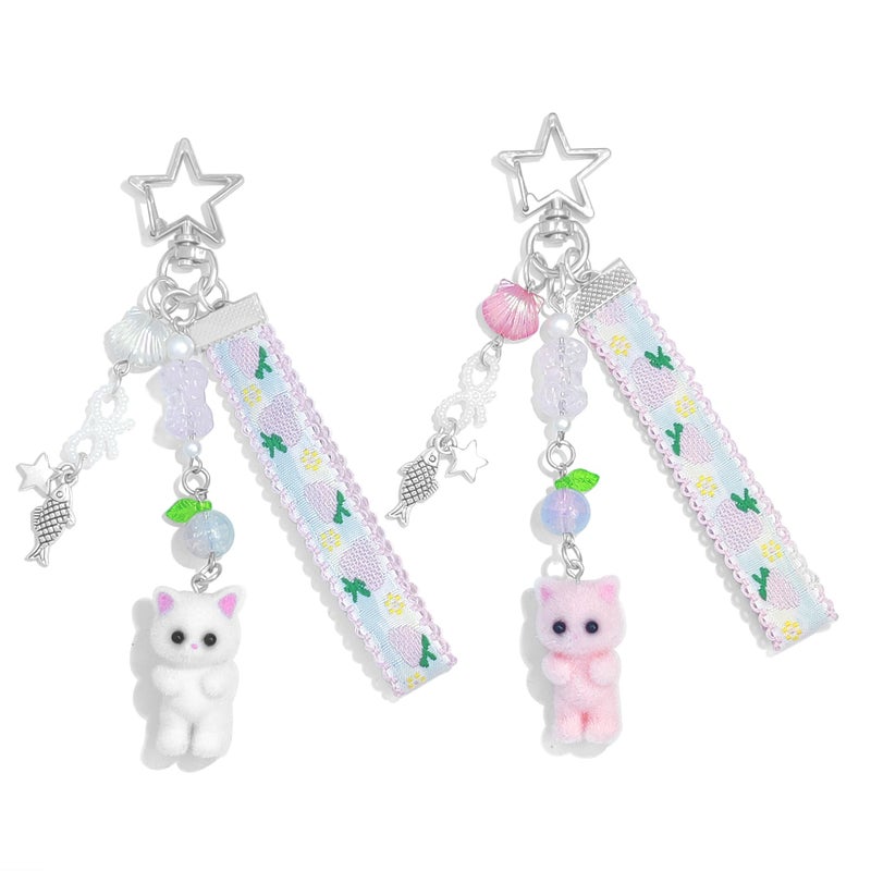 Nalefow Cute Pink Keychain, Fuzzy Cat Keychain Aesthetic Y2K KeychainCharms Stylish KeychainsAccessories for Bag Charms Purse Gifts (2PCS Woven Cat Sets) - Image 1