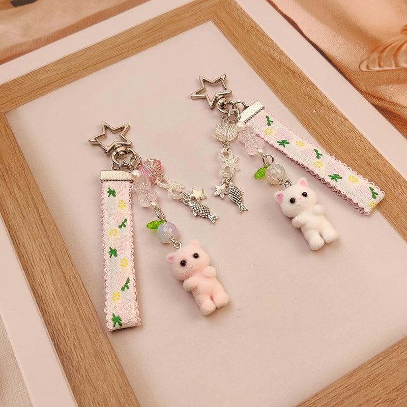Nalefow Cute Pink Keychain, Fuzzy Cat Keychain Aesthetic Y2K KeychainCharms Stylish KeychainsAccessories for Bag Charms Purse Gifts (2PCS Woven Cat Sets) - Image 3