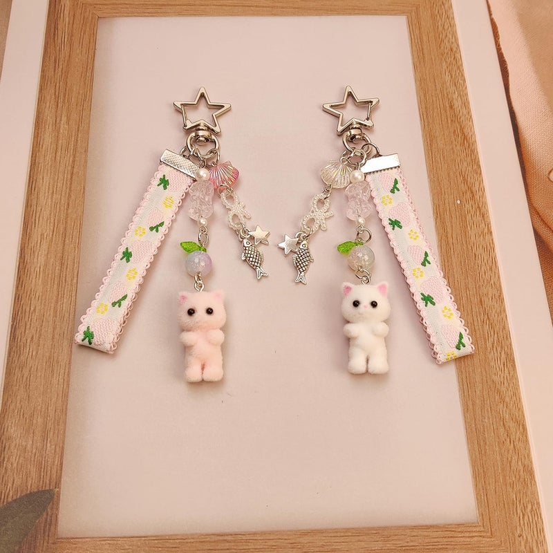 Nalefow Cute Pink Keychain, Fuzzy Cat Keychain Aesthetic Y2K KeychainCharms Stylish KeychainsAccessories for Bag Charms Purse Gifts (2PCS Woven Cat Sets) - Image 2