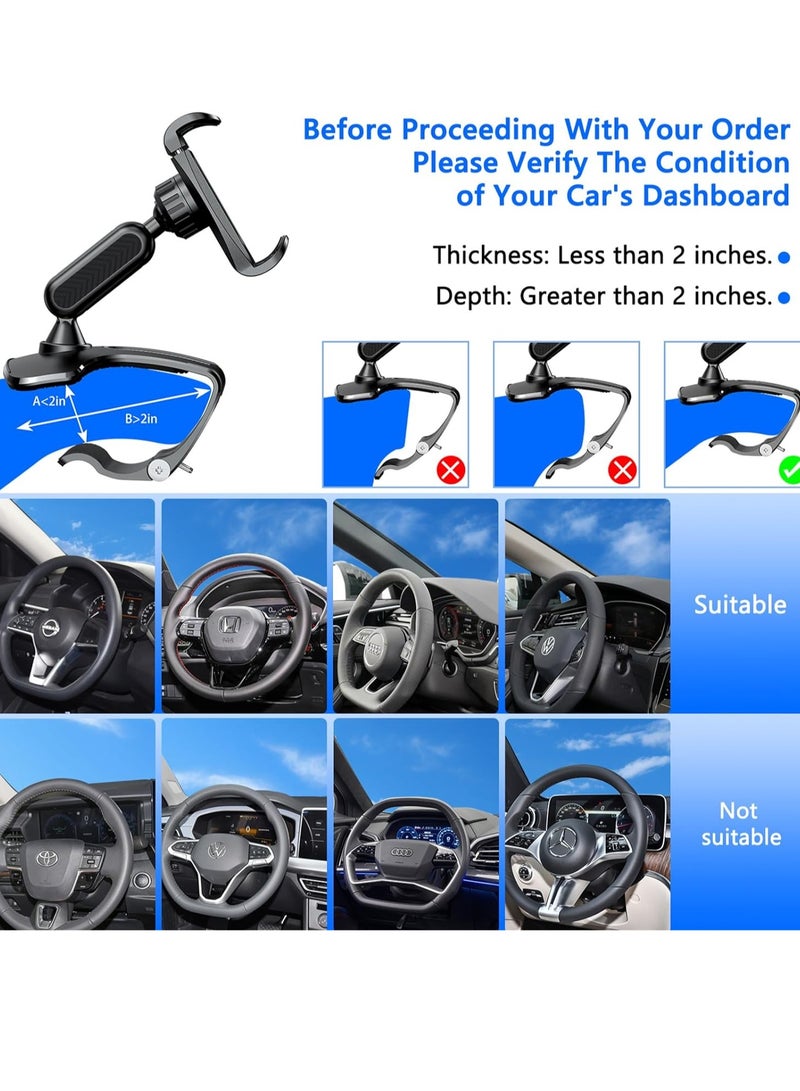 General Car Dashboard Phone Clip Holder, 360° Rotating Dash Steering Wheel Cell Phone Clamp Mount Stand Compatible with 4-7 Inch Smartphones (Black)  - Image 2