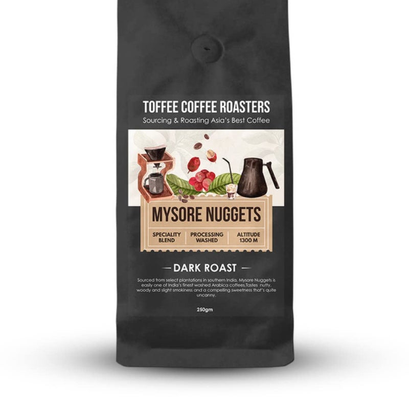 Toffee Coffee Roasters | Mysore Nuggets Coffee| Arabica Freshly Dark Roast| Size: 250 gm | Grind: Whole Beans | Grounded Coffee Notes: Nutty, Chocolaty and Slight Smokiness - Image 1