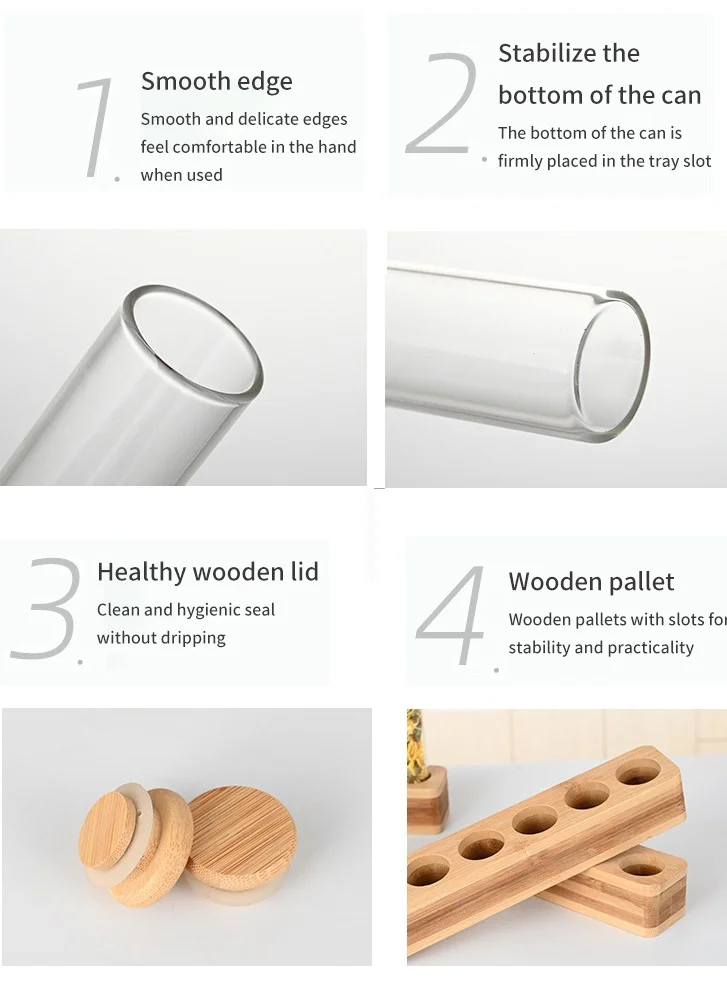 1Chase Borosilicate Glass Storage Tubes With Bamboo lid and Wooden Base , Set of 4, 100 ML